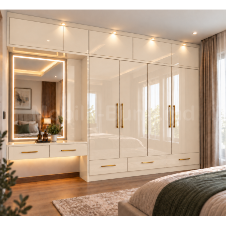 Mobilier dormitor crem ivoriu lucios cu dulap și masă de machiaj A-72